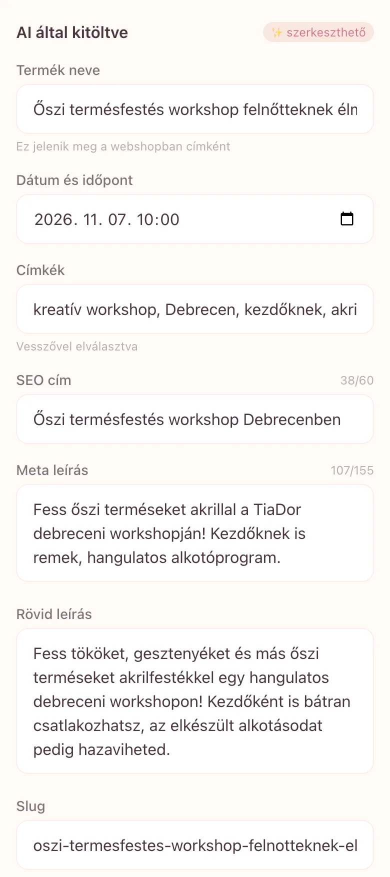 Az eseményfeltöltő telefonos képernyője: az AI által generált SEO-cím, meta leírás, rövid leírás és slug szerkeszthető mezőkben